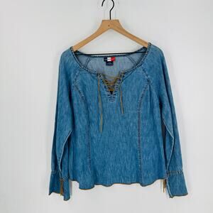 French Kuff Vintage Denim Lace-Up Peasant Top Long Sleeve Boho Size Large